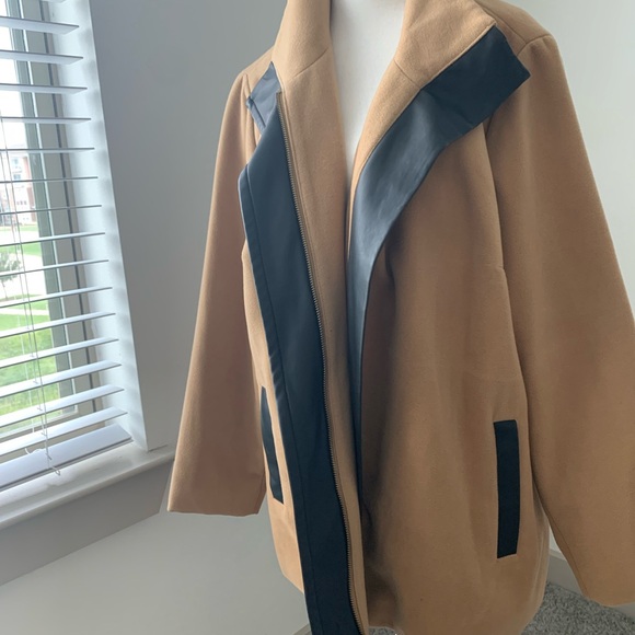 Tan and Black Women's Pea Coat with Faux Leather Trim. - Picture 3 of 16